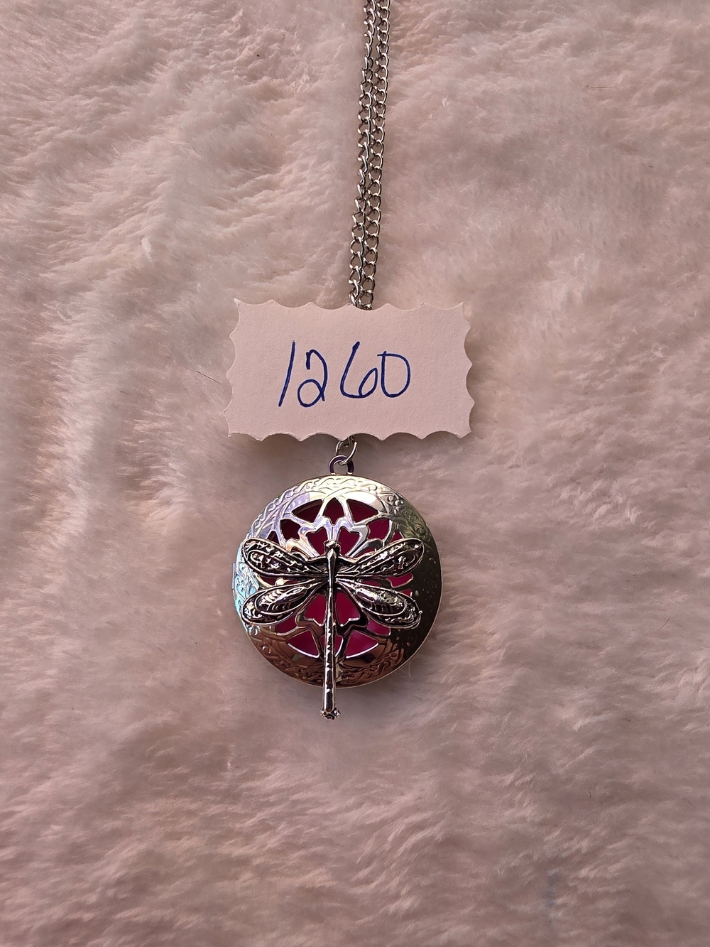 Silver Dragonfly Locket Necklace with Pink Accents
